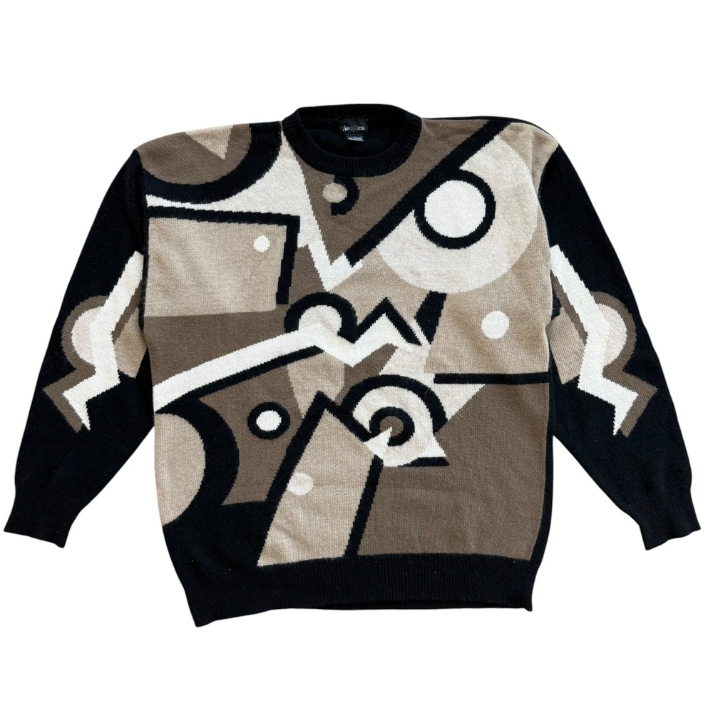 Vintage Neiman Marcus Mens 100% Cashmere Geometric Abstract Sweater Large Black